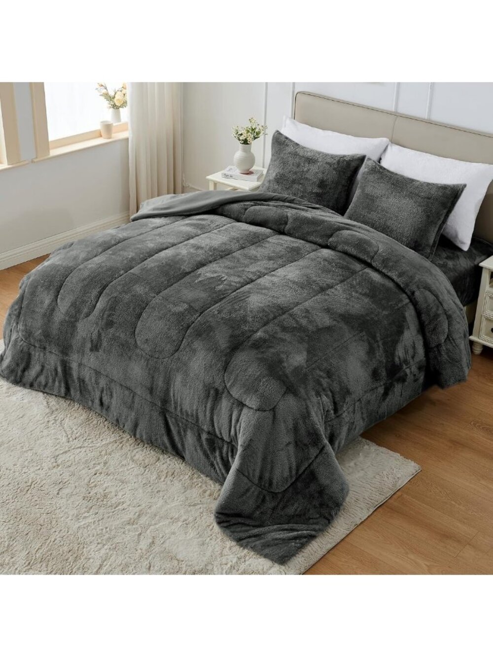 Cozy Ultra Soft Faux Fur Queen Comforter Set with Fitted Sheet, 4PC, Grey